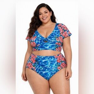 Torrid 2-Piece Tropical Floral Bikini Set High Waist Blue Pool Print NWT